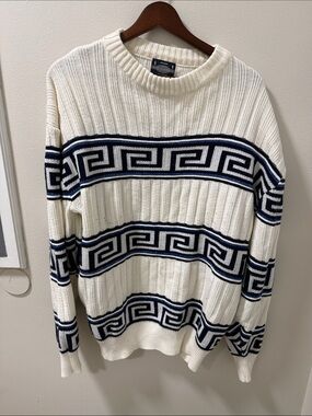 Men's Cream Crewneck Sweater with Navy Geometric Bands